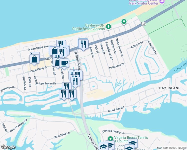 map of restaurants, bars, coffee shops, grocery stores, and more near 2200 Willow Oak Circle in Virginia Beach
