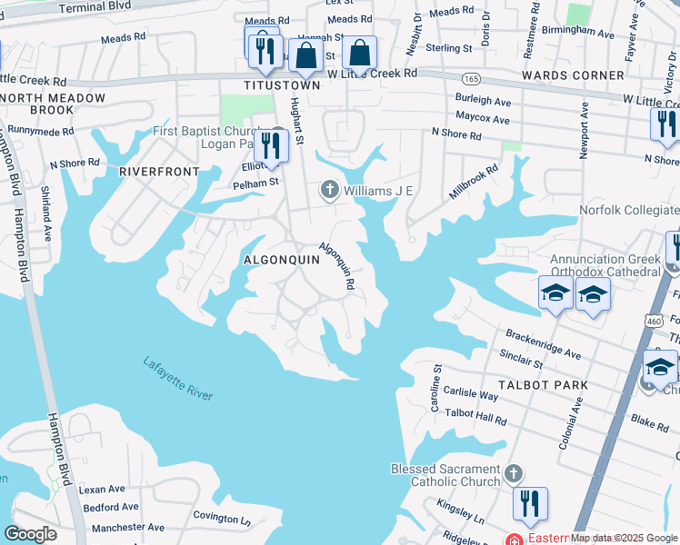map of restaurants, bars, coffee shops, grocery stores, and more near 1071 Algonquin Road in Norfolk