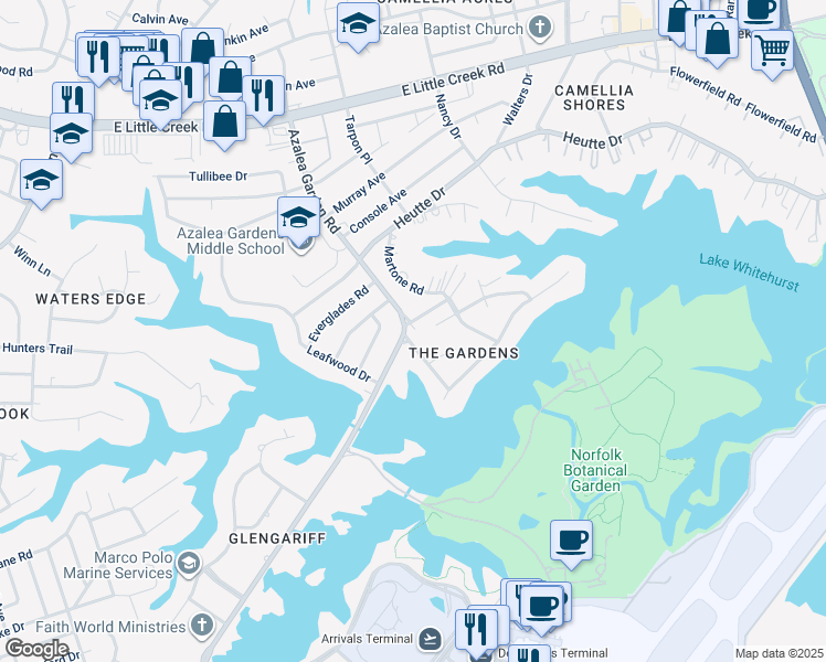 map of restaurants, bars, coffee shops, grocery stores, and more near 7054 Azalea Garden Road in Norfolk