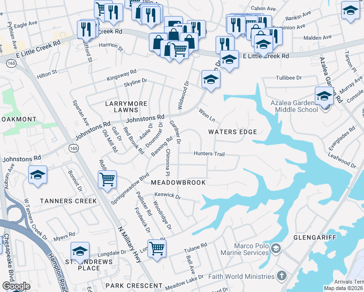 map of restaurants, bars, coffee shops, grocery stores, and more near 7014 Gardner Drive in Norfolk