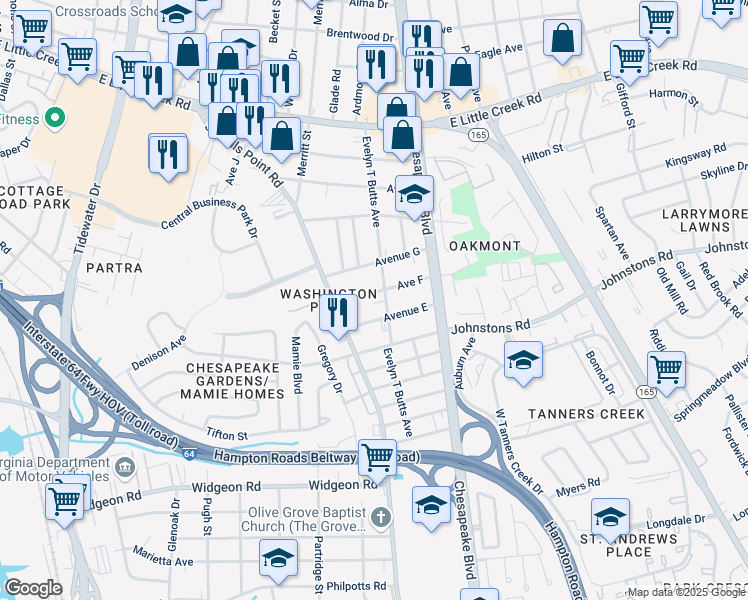 map of restaurants, bars, coffee shops, grocery stores, and more near 975 Avenue F in Norfolk