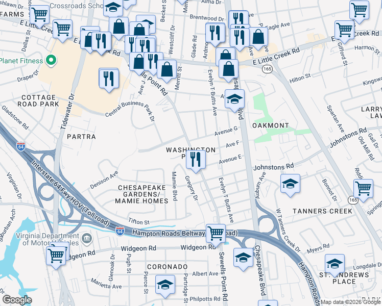 map of restaurants, bars, coffee shops, grocery stores, and more near 7139 Sewells Point Road in Norfolk