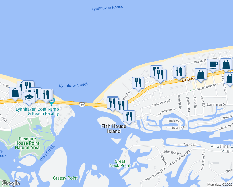 map of restaurants, bars, coffee shops, grocery stores, and more near 3288 Page Avenue in Virginia Beach