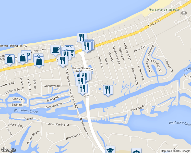 map of restaurants, bars, coffee shops, grocery stores, and more near 2265 Willow Oak Circle in Virginia Beach