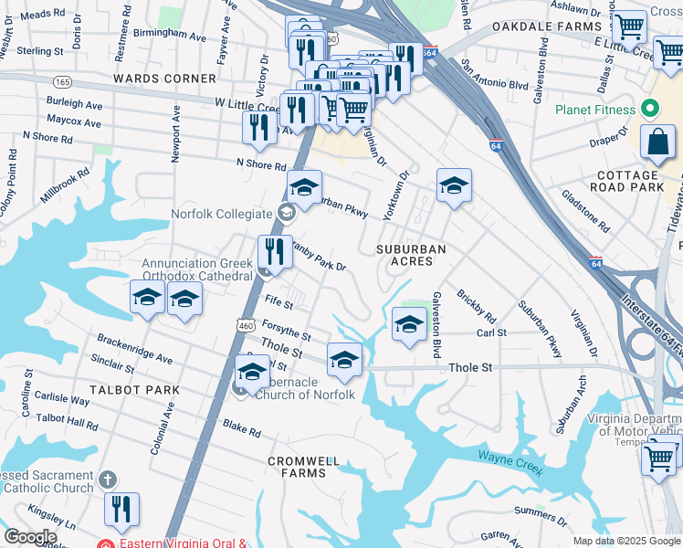 map of restaurants, bars, coffee shops, grocery stores, and more near 205 Granby Park in Norfolk