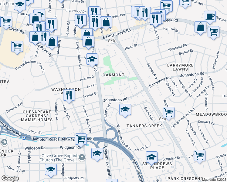 map of restaurants, bars, coffee shops, grocery stores, and more near 7243 North Rosemont Drive in Norfolk