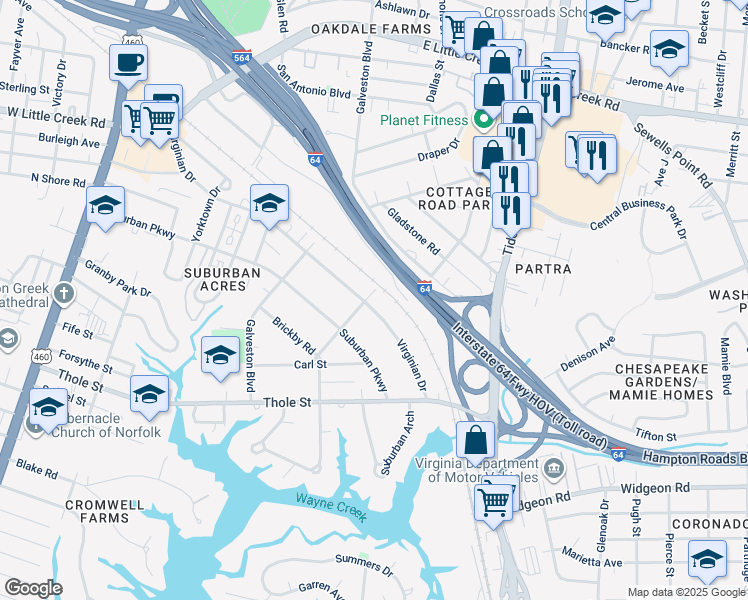 map of restaurants, bars, coffee shops, grocery stores, and more near 7384 Kirby Crescent in Norfolk