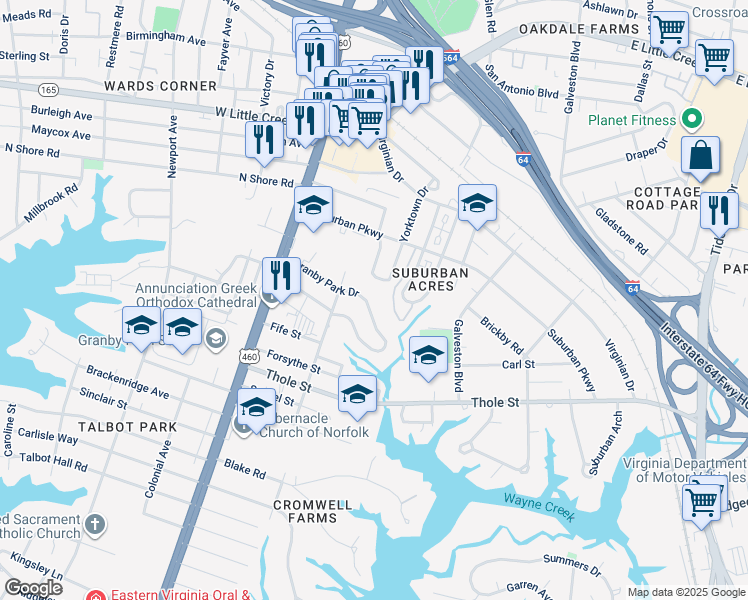 map of restaurants, bars, coffee shops, grocery stores, and more near 208 Granby Park Drive in Norfolk