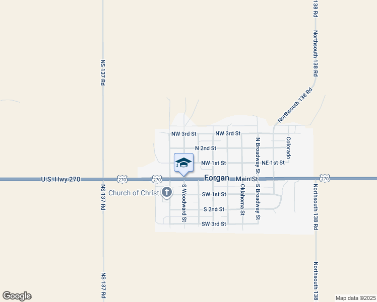 map of restaurants, bars, coffee shops, grocery stores, and more near 517 North 2nd Street in Forgan