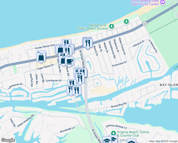 map of restaurants, bars, coffee shops, grocery stores, and more near 2265 Willow Oak Circle in Virginia Beach