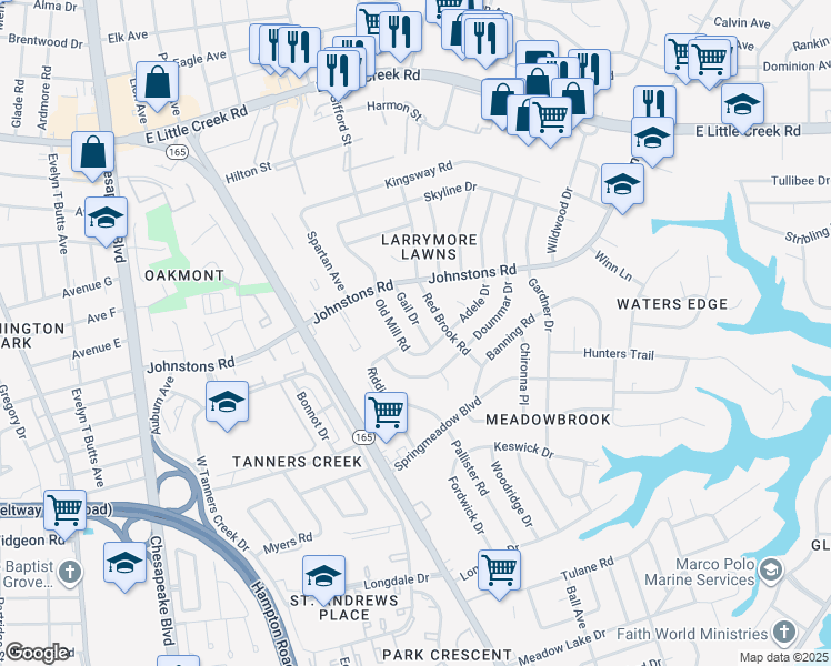 map of restaurants, bars, coffee shops, grocery stores, and more near 7009 Gail Drive in Norfolk