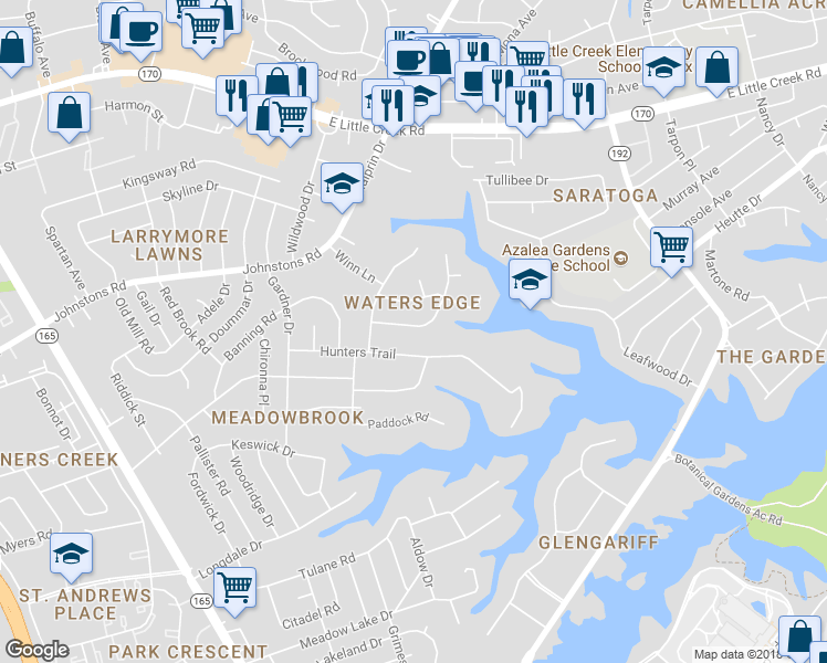map of restaurants, bars, coffee shops, grocery stores, and more near 1925 Grayfalcon Drive in Norfolk