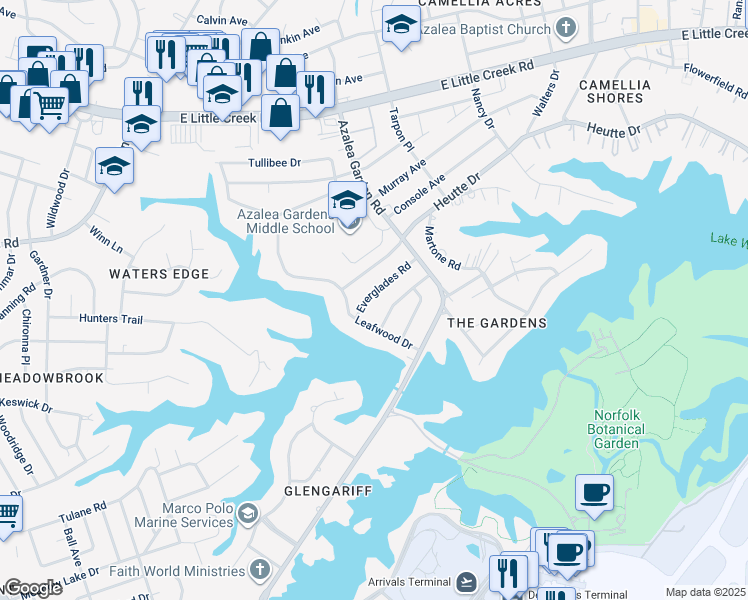 map of restaurants, bars, coffee shops, grocery stores, and more near 2417 Everglades Road in Norfolk