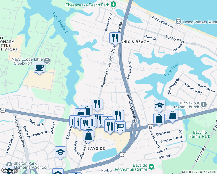 map of restaurants, bars, coffee shops, grocery stores, and more near 4785 Dadson Court in Virginia Beach