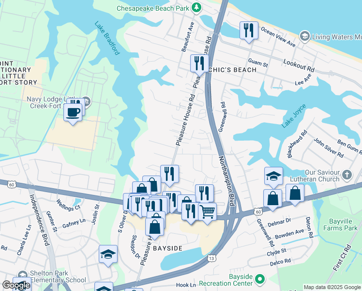 map of restaurants, bars, coffee shops, grocery stores, and more near 4797 Dadson Court in Virginia Beach