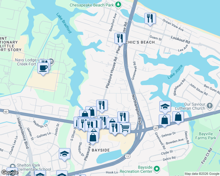 map of restaurants, bars, coffee shops, grocery stores, and more near in Virginia Beach