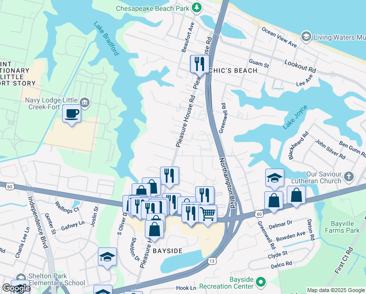 map of restaurants, bars, coffee shops, grocery stores, and more near 4793 Dadson Court in Virginia Beach