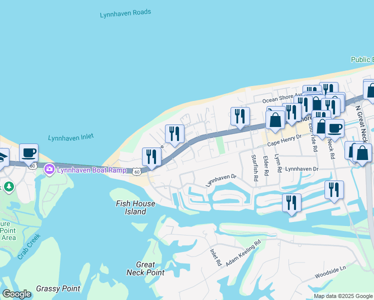 map of restaurants, bars, coffee shops, grocery stores, and more near 320 Inlet Shore Court in Virginia Beach