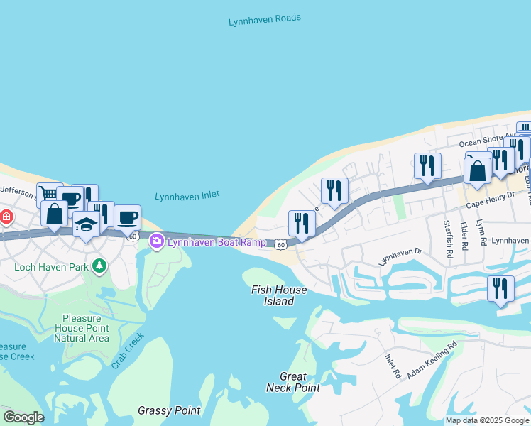 map of restaurants, bars, coffee shops, grocery stores, and more near 3300 Ocean Shore Avenue in Virginia Beach