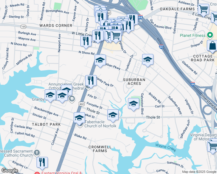 map of restaurants, bars, coffee shops, grocery stores, and more near 201 Granby Park Drive in Norfolk
