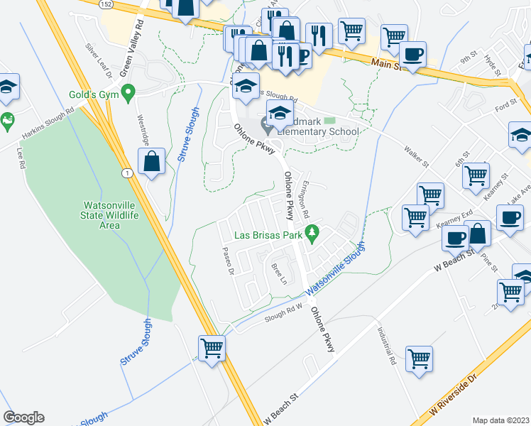 map of restaurants, bars, coffee shops, grocery stores, and more near 19 Via Serra Street in Watsonville