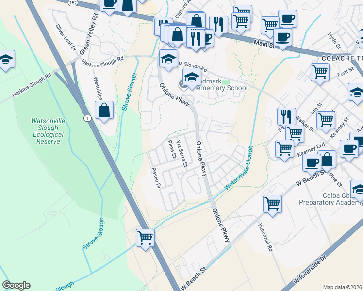 map of restaurants, bars, coffee shops, grocery stores, and more near 20 la Hacienda Street in Watsonville