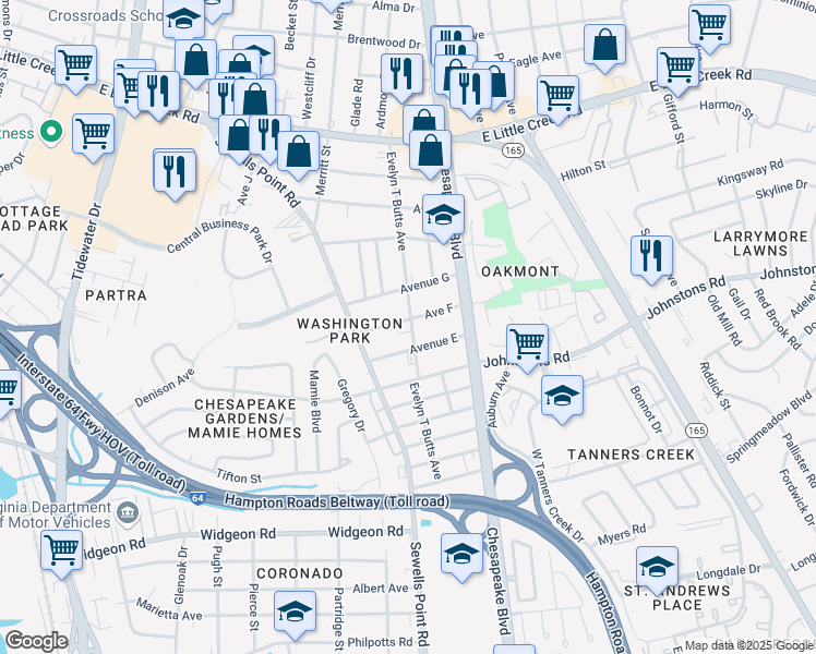 map of restaurants, bars, coffee shops, grocery stores, and more near 7317 Evelyn T Butts Avenue in Norfolk