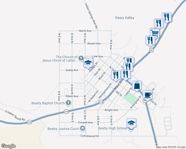 map of restaurants, bars, coffee shops, grocery stores, and more near 400 Hoyt Street in Beatty