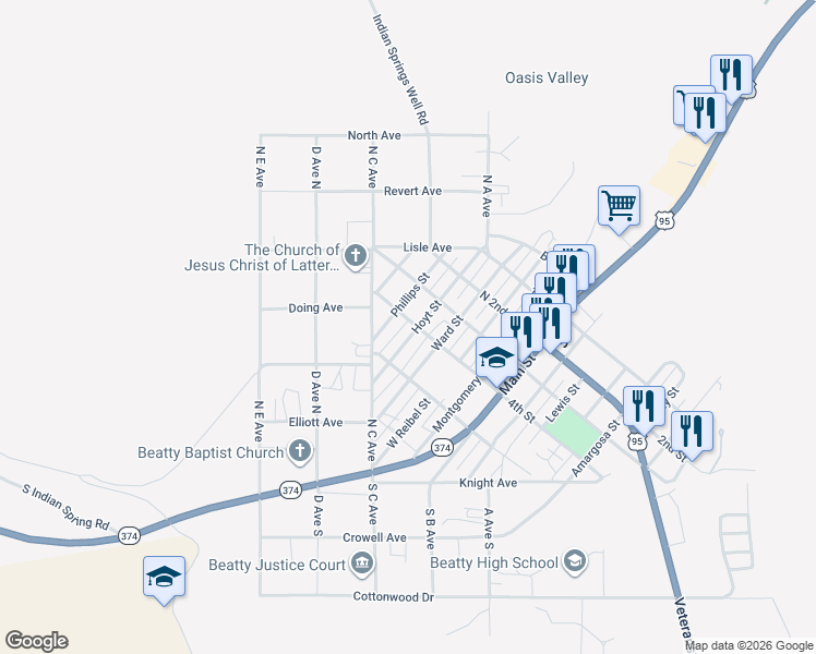 map of restaurants, bars, coffee shops, grocery stores, and more near 400 Hoyt Street in Beatty