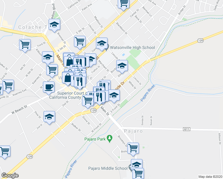 map of restaurants, bars, coffee shops, grocery stores, and more near 135 Riverside Drive in Watsonville
