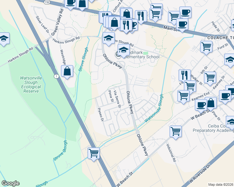 map of restaurants, bars, coffee shops, grocery stores, and more near 20 la Hacienda Street in Watsonville