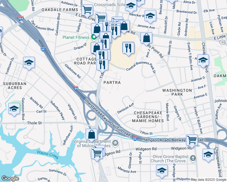 map of restaurants, bars, coffee shops, grocery stores, and more near 7431 Tyndale Court in Norfolk