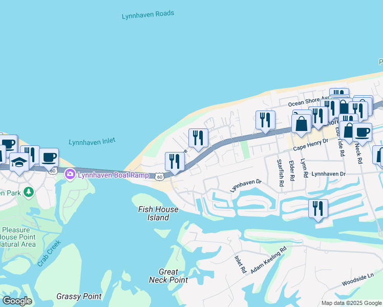 map of restaurants, bars, coffee shops, grocery stores, and more near 3235 Page Avenue in Virginia Beach