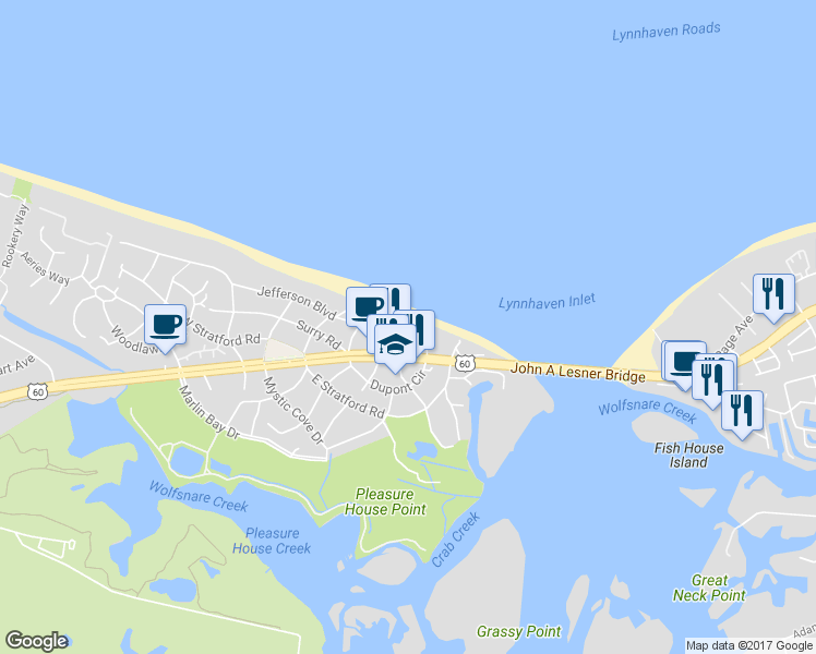 map of restaurants, bars, coffee shops, grocery stores, and more near 3670 Sea Gull Bluff Drive in Virginia Beach