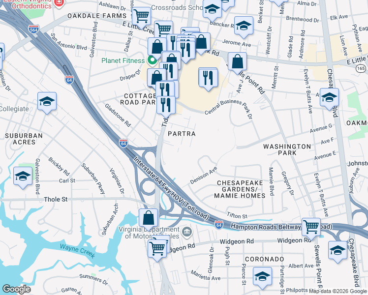 map of restaurants, bars, coffee shops, grocery stores, and more near 7431 Tyndale Court in Norfolk
