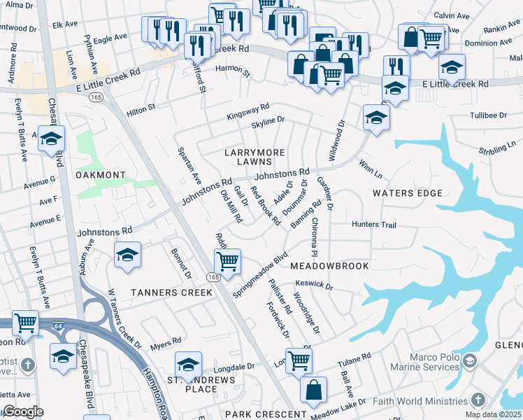 map of restaurants, bars, coffee shops, grocery stores, and more near 7001 Red Brook Road in Norfolk