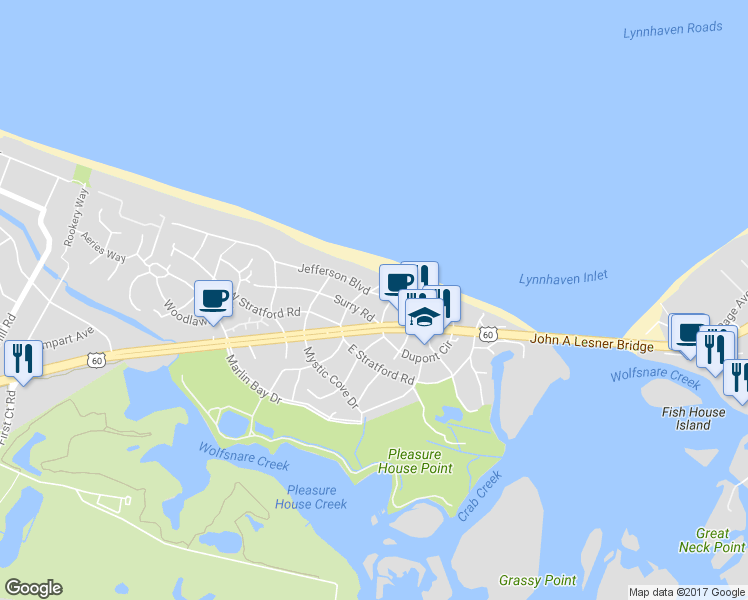 map of restaurants, bars, coffee shops, grocery stores, and more near 3709 Jefferson Boulevard in Virginia Beach