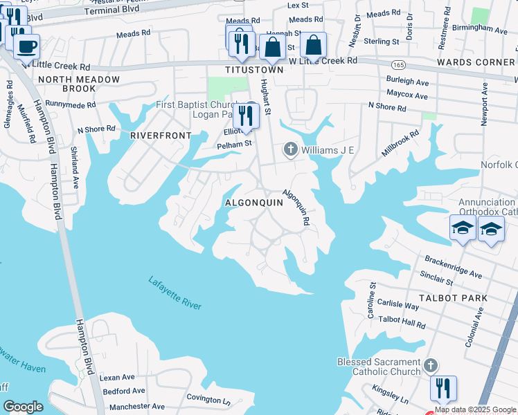 map of restaurants, bars, coffee shops, grocery stores, and more near 1061 North Shore Road in Norfolk