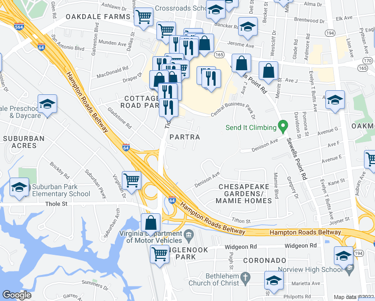 map of restaurants, bars, coffee shops, grocery stores, and more near 7427 Tyndale Court in Norfolk