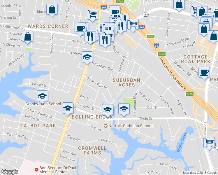 map of restaurants, bars, coffee shops, grocery stores, and more near 208 Granby Park Drive in Norfolk