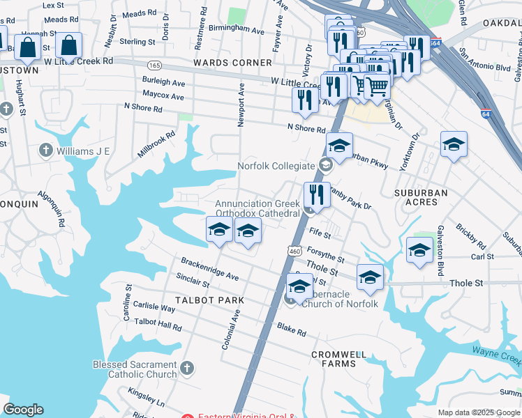 map of restaurants, bars, coffee shops, grocery stores, and more near 212 Harvard Street in Norfolk