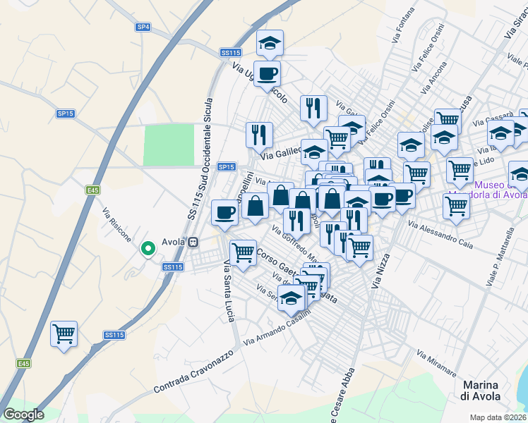map of restaurants, bars, coffee shops, grocery stores, and more near 51 Via Lombroso in Avola