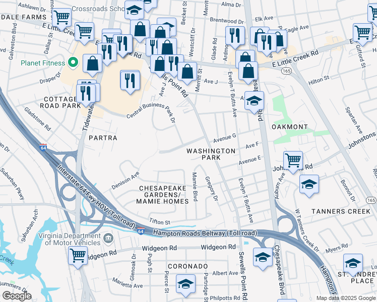 map of restaurants, bars, coffee shops, grocery stores, and more near 965 Denison Avenue in Norfolk