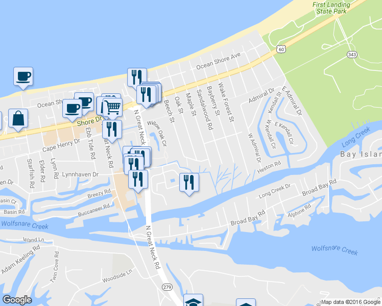 map of restaurants, bars, coffee shops, grocery stores, and more near 2205 Oak Street in Virginia Beach