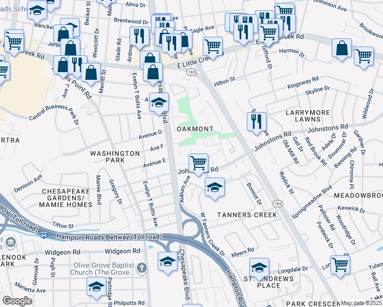 map of restaurants, bars, coffee shops, grocery stores, and more near 7243 North Rosemont Drive in Norfolk