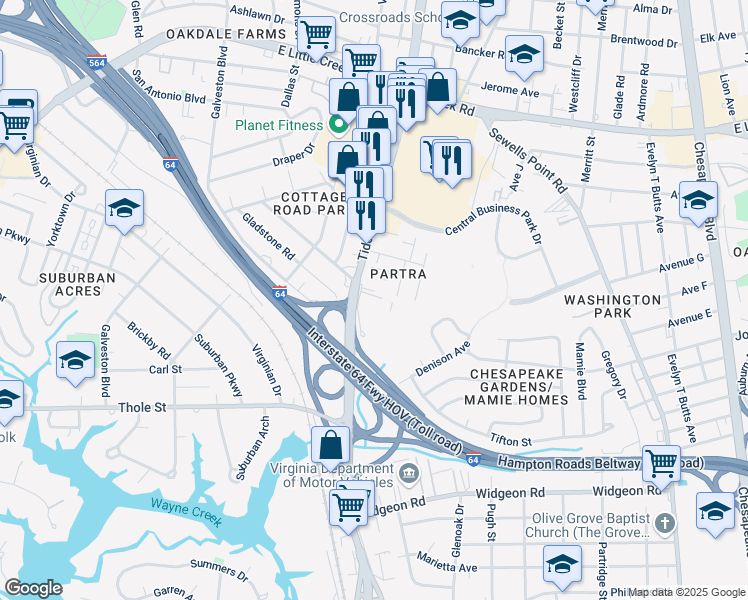 map of restaurants, bars, coffee shops, grocery stores, and more near 711 Easy Street in Norfolk