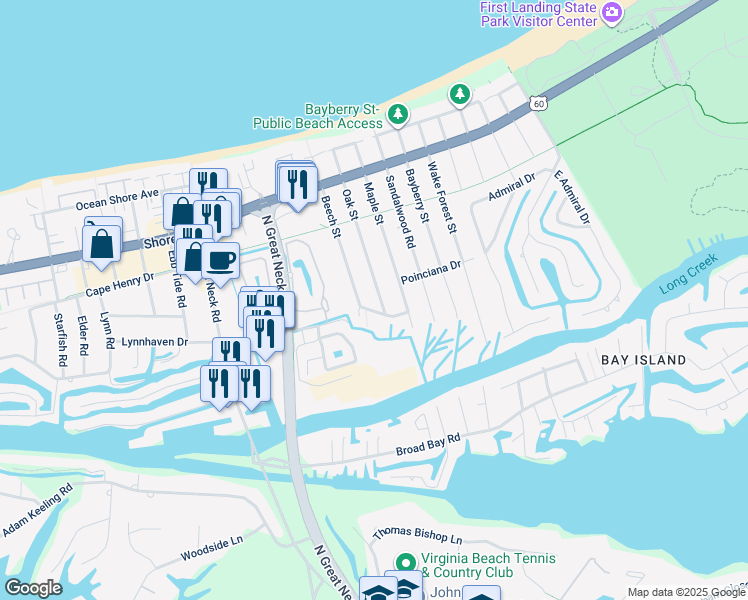 map of restaurants, bars, coffee shops, grocery stores, and more near 2205 Oak Street in Virginia Beach
