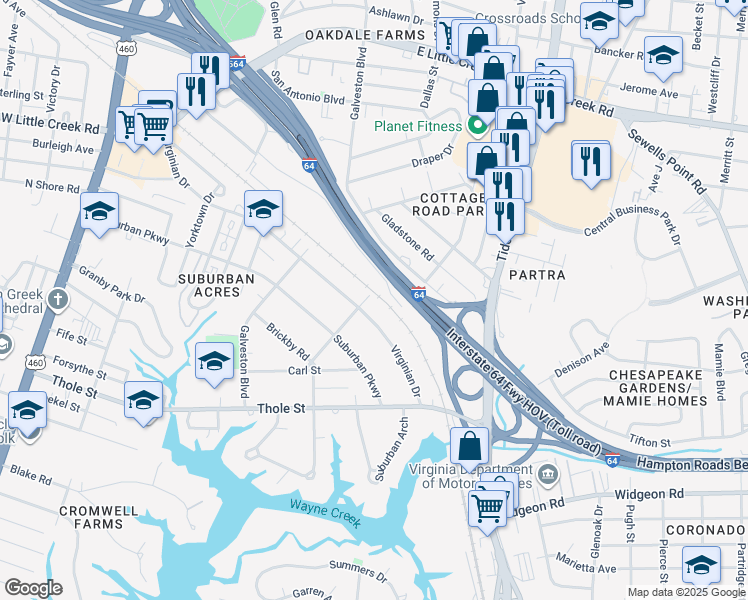 map of restaurants, bars, coffee shops, grocery stores, and more near 7384 Kirby Crescent in Norfolk