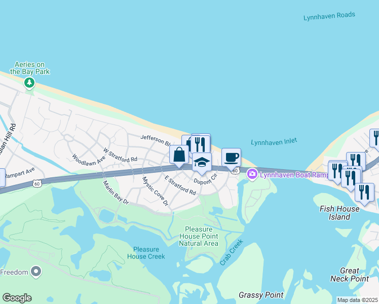 map of restaurants, bars, coffee shops, grocery stores, and more near 3800 Dupont Circle in Virginia Beach