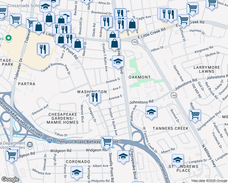 map of restaurants, bars, coffee shops, grocery stores, and more near 1017 Avenue F in Norfolk